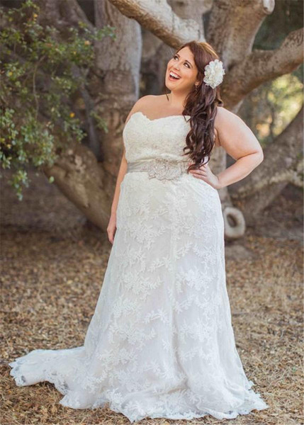 New Design Plus Size Lace Wedding Dresses Sweetheart Empire Waist Beaded Belt sweep Train Bridal Gowns Lace up Back Custom Made