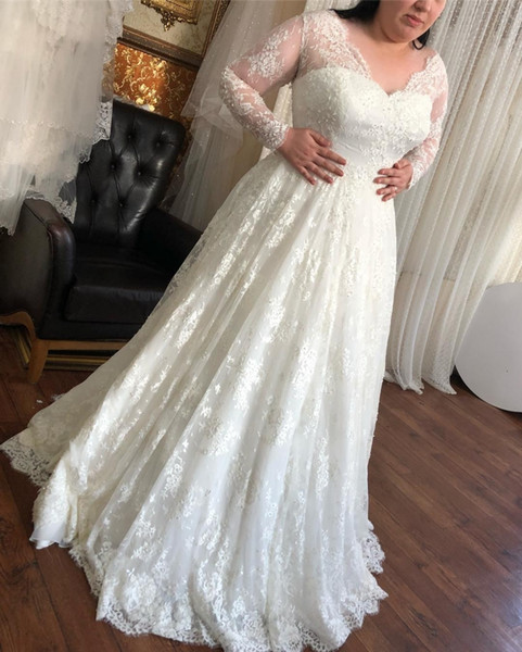 Empire Waist Lace Wedding Dress with Illusion Long Sleeves V-Neck A-line Bridal Gown Ivory Sweep Train Customize