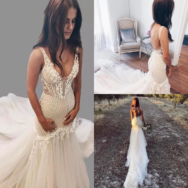 Gorgeous Arabic Mermaid Wedding Dresses Spaghetti Straps V Neck Crochet Lace Garden Country Bridal Gowns Sexy Backless Trumpet Fitted Bodice