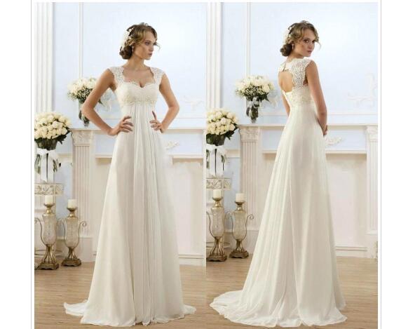 2016 New Romantic Beach A-line Wedding Dresses Cheap Maternity Cap Sleeve Keyhole Lace Up Backless Chiffon Summer Pregnant Bridal Gowns