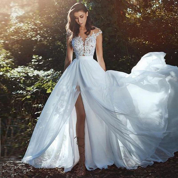 Sheer Neck Gorgeous Beach Wedding Dresses with Cap Sleeves Appliques Lace Chiffon Sexy Side Split Illusion Back Boho Wedding Bridal Gowns