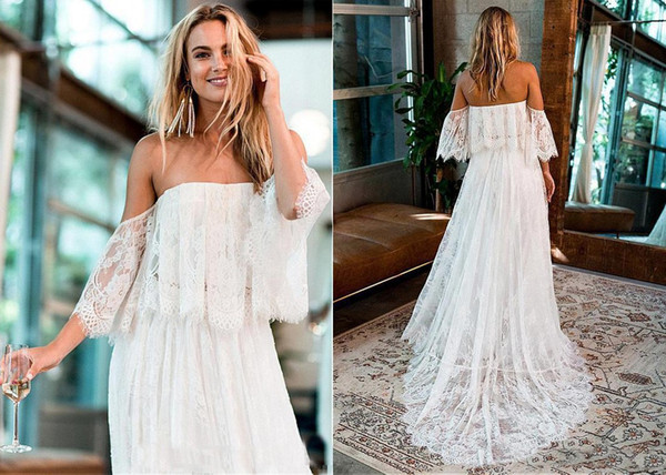 Fashion Bohemian Wedding Dresses Cheap Long Off the shoulder with Sleeves Lace Court Train Country Modest Wedding dress Bridal Gowns
