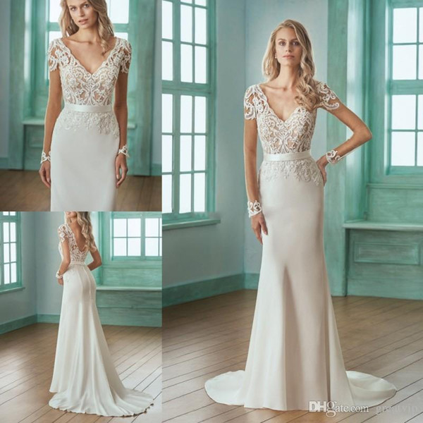 Mermaid Wedding Dresses V Neck Applique Long Sleeve Backless Satin Sweep Train Bridal Gowns Beach