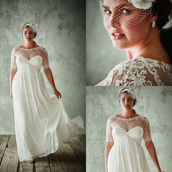 2017 Plus Size Empire Wedding Dresses With Half Sleeves Jewel neck Lace Hollow back Floor-length Appliqued Chiffon bridal Wedding Dress