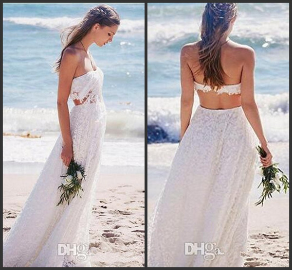 New Sexy Two Pieces Beach Lace Wedding Dresses Strapless Lace Bodice Ruched Backless Summer Designer Wedding Dress Bridal Gowns Cheap 