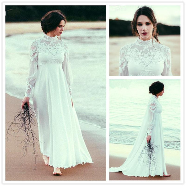 Elegant 2017 High Neck Empire Beach Wedding Dresses Long Sleeve Lace Chiffon Floor Length Bridal Gowns Custom Size