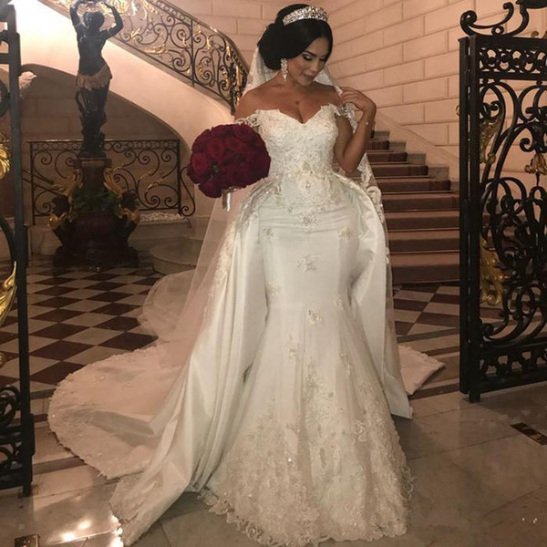 Elegant Off Shoulder Mermaid Wedding Dresses With Detachable Train Sexy Lace Appliqued Satin Plus Size African Bridal Gown