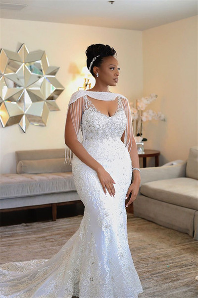 Luxury African Off Shoulder Mermaid Wedding Dress With Tassels Vintage Black Girl Plus Size Sheath Crystal Beaded Bridal Gown