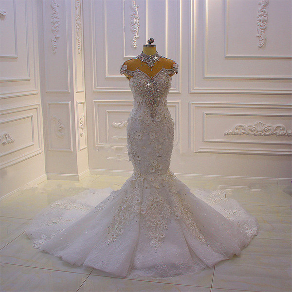 Luxury High Neck Crystal Beaded Mermaid Wedding Dress Vintage Arabic Dubai 3D Flowers Plus Size Bridal Gown