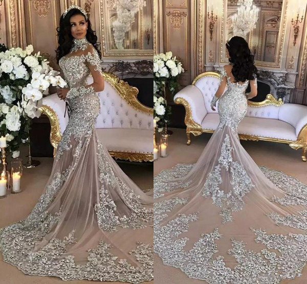 Sexy African Long Sleeves Mermaid Wedding Dresses Luxury Crystal Beaded Gigh Neck Plus Size Dubai Bridal Gown