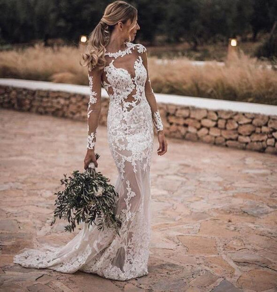 Light Champagne Lace Appliqued Bohemian Mermaid Wedding Dresses Cheap Long Sleeves See Through Beach Boho Bridal Gown BM1659