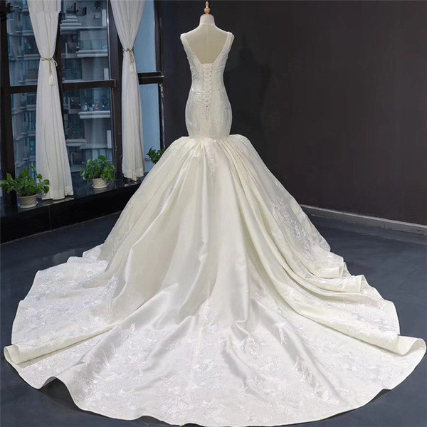 Elegant White Satin Mermaid Wedding Dresses Sexy Real Pictures V Neck Lace-Up Back Sheath Plus Size African Bridal Gown