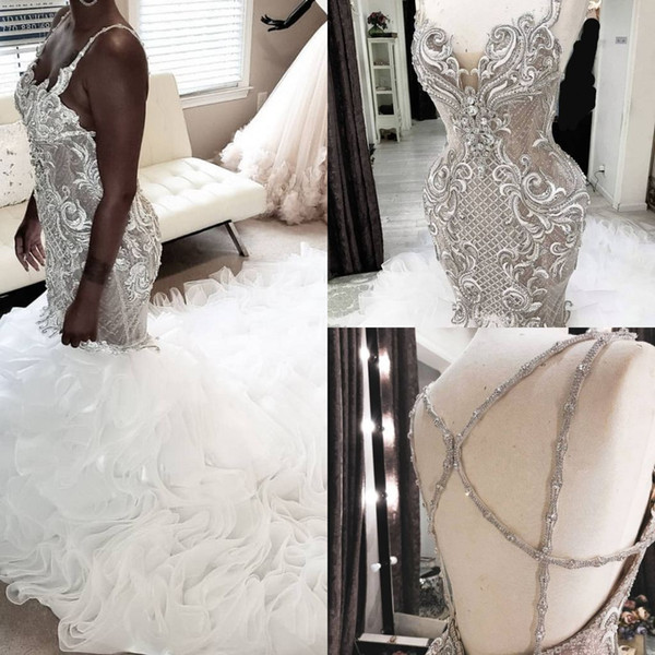 Luxury Lace Appliqued Spaghetti Mermaid Wedding Dress Vintage Sexy Open Back African Crystal Beaded Plus Size Bridal Gown