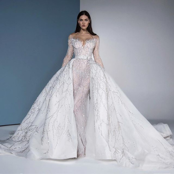 Sexy Illusion Long Sleeves Mermaid Wedding Dress With Detachable Train Luxury Crystal Beaded Plus Size Bridal Gown Custom Made