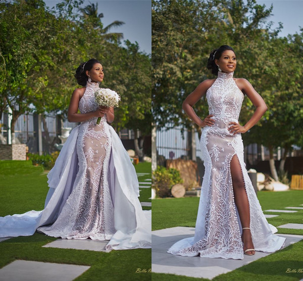 Champagne High Neck Mermaid Wedding Dress With Detachable Train Luxury Lace Appliqued Plus Size African Bridal Gown