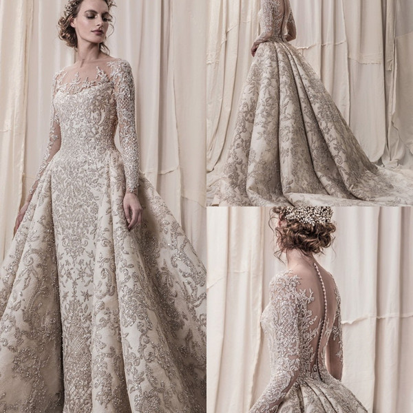 Luxury Champagne Lace Appliqued Mermaid Wedding Dresses Vintage Long Sleeves Crystal Beaded Plus Size Bridal Gown