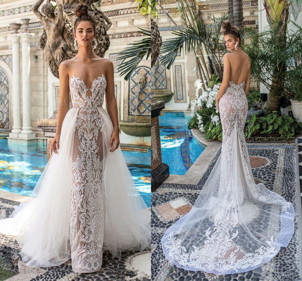 Berta Wedding Dresses Detachable Train Sweetheart Sleeveless Mermaid Bridal Gowns Custom Made Lace Appliques Wedding Dress