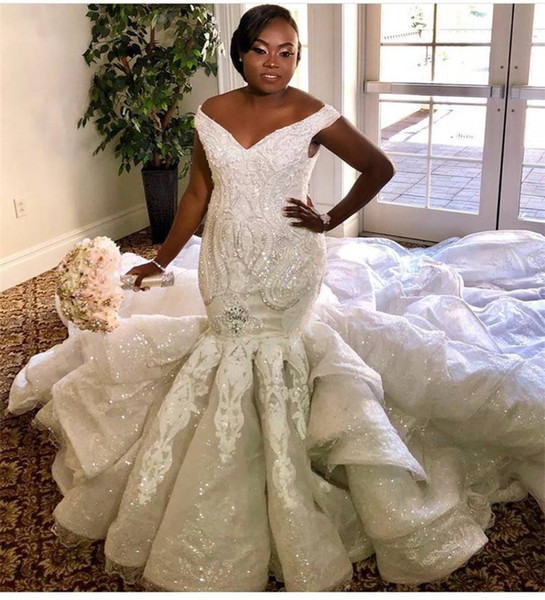 2020 African Plus Size Mermaid Wedding Dresses Train Off Shoulder Lace Appliqued Crystal Beaded Bridal Gown Sweep Train