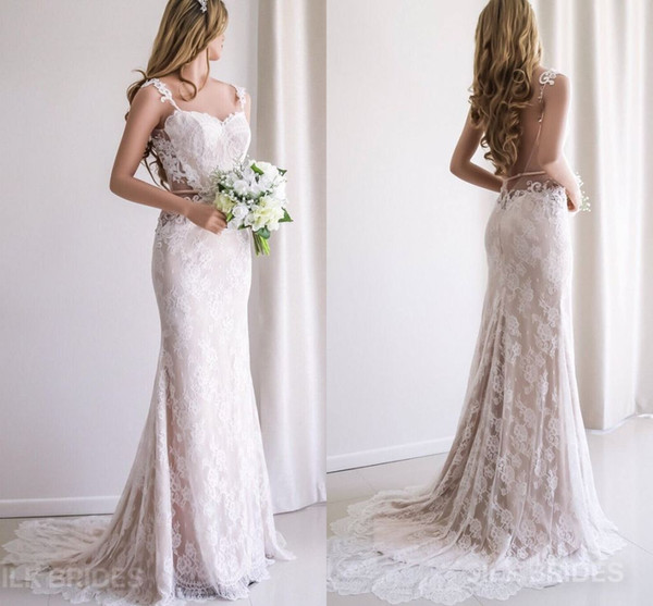 Sexy Lace Appliqued Backless Mermaid Bohemian Wedding Dress Vintage Champagne Full Lace Long Beach Boho Bridal Gown Plus Size