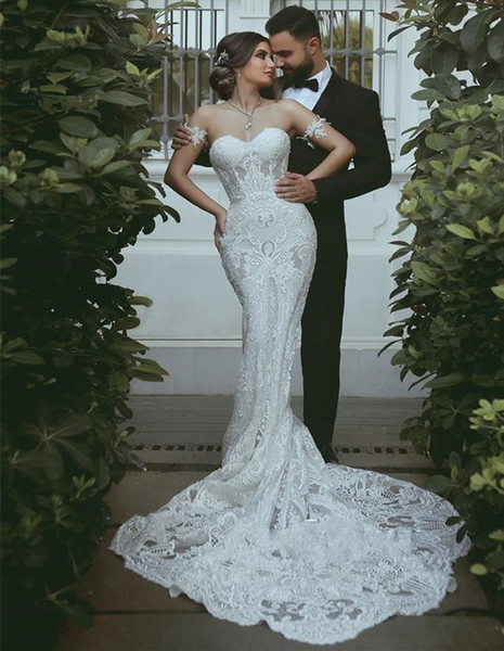 Sexy Strapless Full Lace Appliqued Mermiad Wedding Dress Vintgae Luxury Sweetheart Sheath Bohemian Beach Bridal Gown