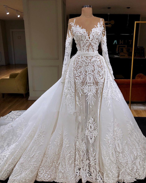 Luxury Lace Appliqued Mermaid Wedding Dresses With Detachable Train Vintage Plus Size Saudi Arabic Dubai Bridal Gown