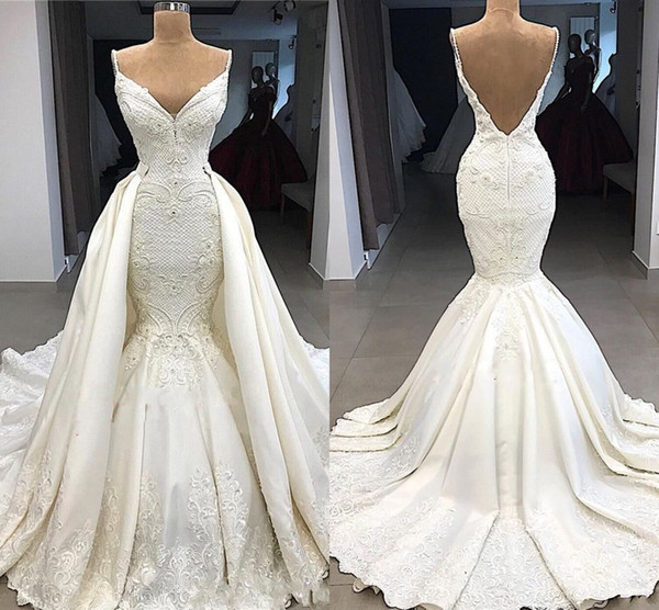 Sexy Spaghetti Lace Appliqued Mermaid Wedding Dress With Detachable Train Vintage Backless Deep V Neck Plus Size Bridal Gown