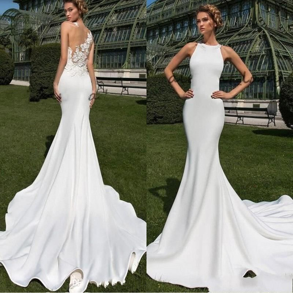 Sexy Lace Appliqued Back Mermaid Wedding Dress Cheap White Long Beach Bohemian Boho Bridal Gown With Sweep Train BC2412