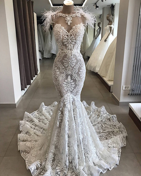 Sexy Full Lace Pearls Mermaid Wedding Dress With Feathers Vintgae Beaded See Through Sheath Bohemian Beach Bridal Gown Plus Size