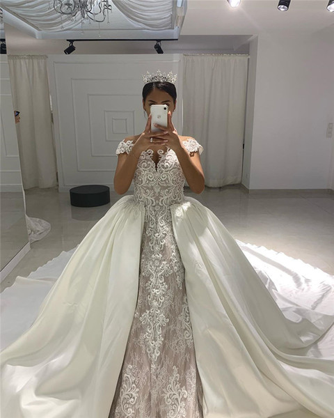 Sexy Cap Sleeves Plus Size Mermaid Wedding Dress Illusion Appliqued Wedding Bridal Gown with Tiered Detachable Train Skirt