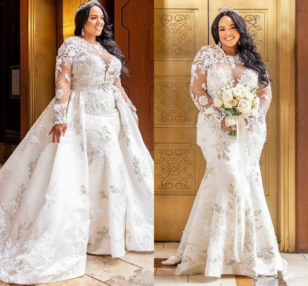 Plus Size African Mermaid Lace Wedding Dresses With Detachable Skirt Long Sleeve Country Vestido de novia Bride Dress Bridal Gown