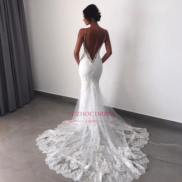 New Spaghetti Mermaid Wedding Dress Sexy Deep V Neck Open Bacl Lace Appliqued Sweep Train Beach Boho Bridal Gown Custom Made