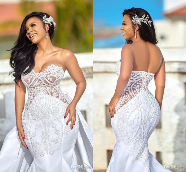 African Plus Size Wedding Dresses with Detachable Skirts Sweetheart Castle Mermaid Wedding Gown Appliqued Satin Country Bridal Dress