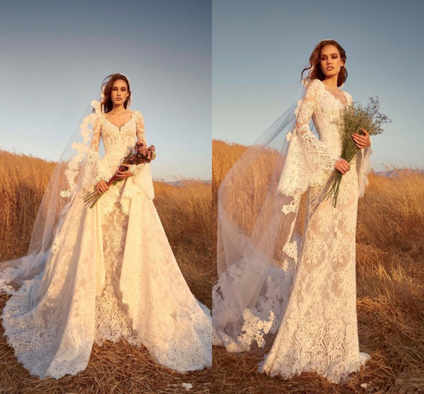 Zuhair Murad Wedding Dresses V Neck Lace Appliqued Long Sleeve Modest Bridal Gowns with Detachable Train Beach Wedding Dress