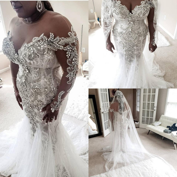 Sparkly Sexy African Lace Appliqued Mermaid Wedding Dresses Luxury Long Sleeves Crystal Beaded Plus Szie Dubai Bridal Gown