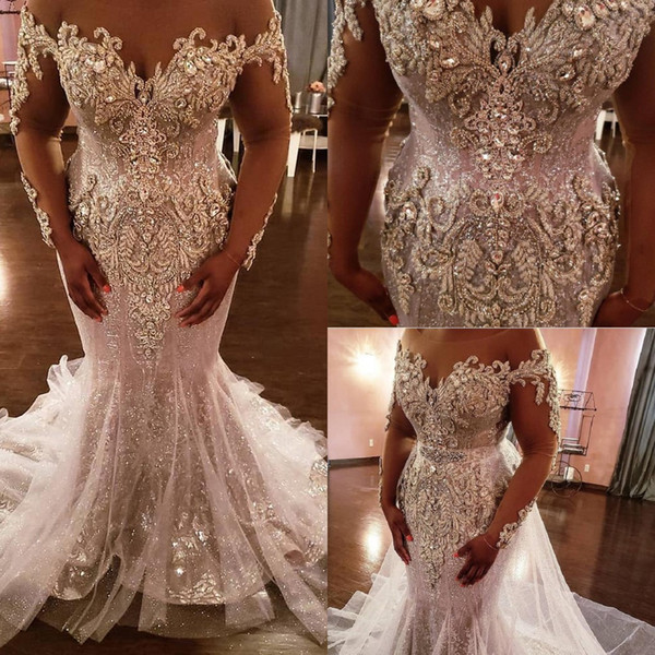 2020 Sexy African Lace Appliqued Mermaid Wedding Dresses Luxury Long Sleeves Crystal Beaded Plus Szie Dubai Bridal Gown