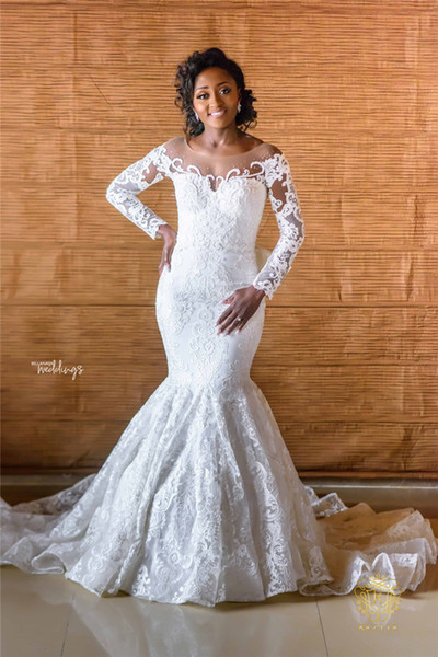 Vintage African Long Sleeves Mermaid Wedding Dress With Detachable Train Luxury Off Shoulder Lace Applique Plus Size Bridal Gown