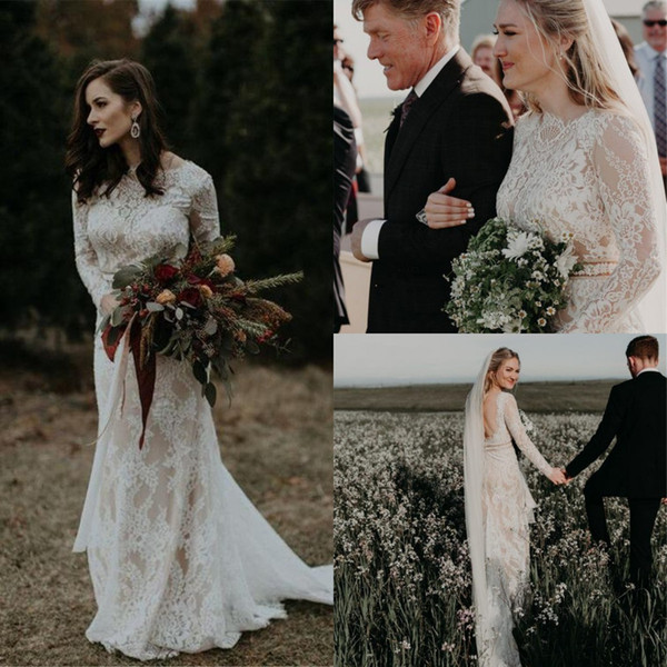 Vintage Long Sleeves Full Lace Bohemain Wedding Dresses Cheap Open Back Mermaid Beach Boho Country Plus Size Bridal Gown