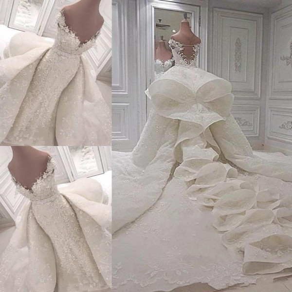 Luxury Ruffles Wedding Dresses 2020 Lace Off The Shoulder Chapel Bridal Gowns With Detachable Train Custom Made Wedding Vestidos