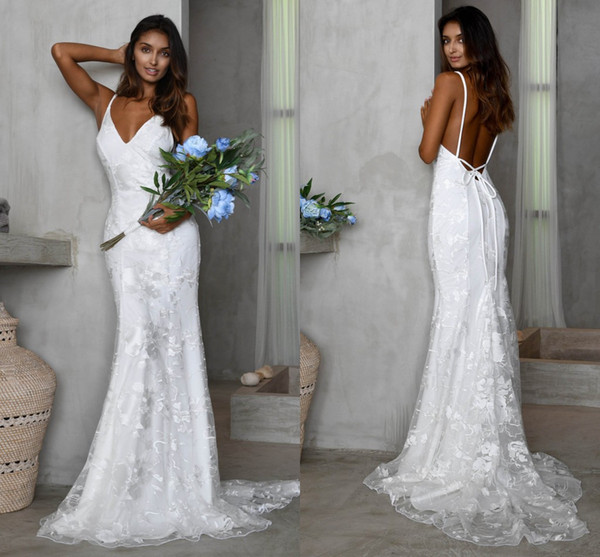 2020 Cheap Spaghetti Open Back Lace Appliqued Mermaid Wedding Dresses Cheap Summer Beach Bohemian Bridal Gown IN Stock 2332