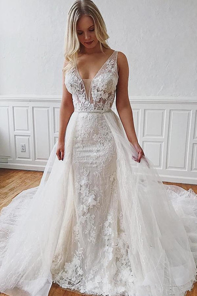 Elegant Bohemian Mermiad Wedding Dresses With Detachable Train Sexy Deep V Neck Beach Plus Size Bridal Gown