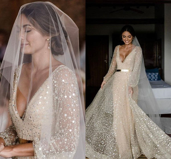 Eleagnt Champagne Sequined Mermaid Wedding Dress With Poet Long Sleeves Vintage V Neck Sweep Train Plus Size Beach Bohemian Bridal Gown