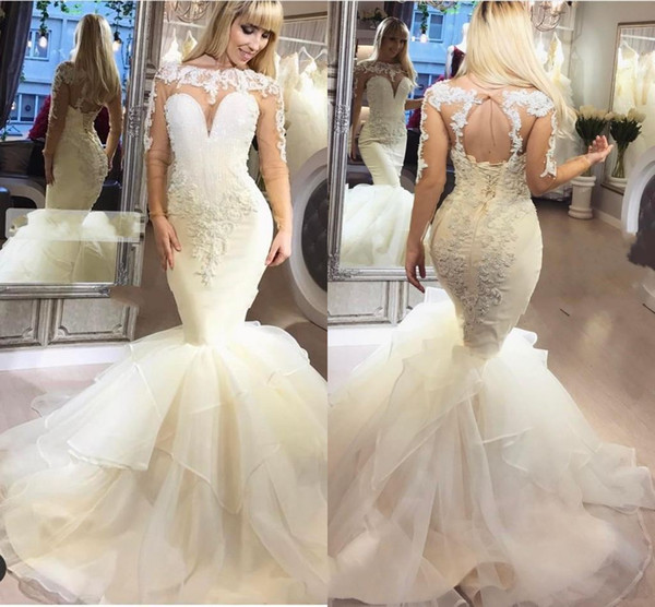 Newest Ivory Lace Appliqued Bateau Mermaid Wedding Dresses Sexy Open Back Arabic African Plus Size Sweep Train Bridal Gown