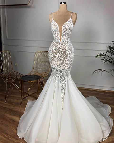 Sexy Full Lace Spahetti Mermaid Wedding Dresses Vintage Open Back Sweetheart Bihemian Bridal Gown