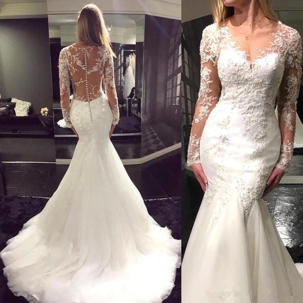 Luxury Lace Appliqued Mermaid Wedding Dresses Vintage Long Sleeves Illusion Back Plus Size Sweep Train Bridal Gown BC2574