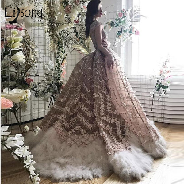 Blush Pink High Neck Mermaid Wedding Dresses With Detachable Train Luxury Feathers Plus Size Bridal Gown Real Pictures