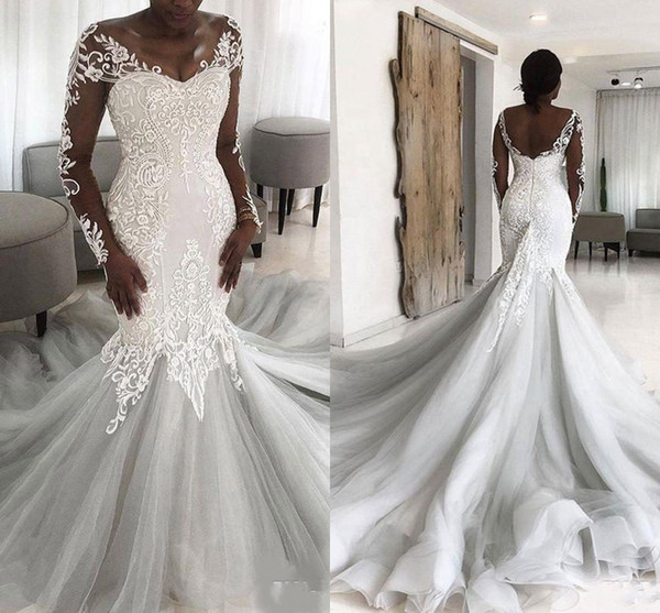 African Lace Mermaid Wedding Dresses Plus Size Sheer Long Sleeves Bridal Gowns Court Train Backless Vestidos De Novia