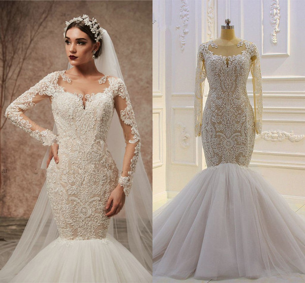 100% Real Pictures Vintage Long Sleeves Lace Appliqued Mermaid Wedding Dress Luxury Arabic Saudi Dubai Plus Size Bridal Gown