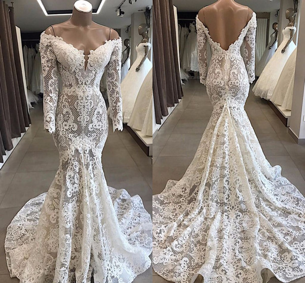 Luxury Full Lace Long Sleeves Mermaid Wedding Dresses Vintage Off Shoulder Sweetheart Open Back Bridal Gown