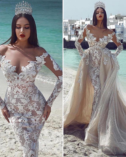 Champagne Long Sleeve Mermaid Wedding Dress With Derachable Train Luxury Off Shoulder Long Sleeve Lace Tulle Beach Boho Bridal Gown