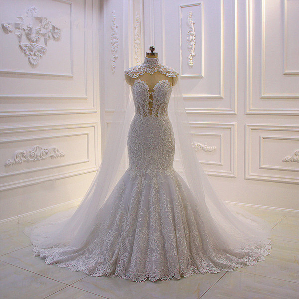 100% Real Pictures Eleagnt Lace Mermaid Wedding Dresses With Shaws Luxury High Neck Arabic Saudi Dubai Bridal Gown Plus Size